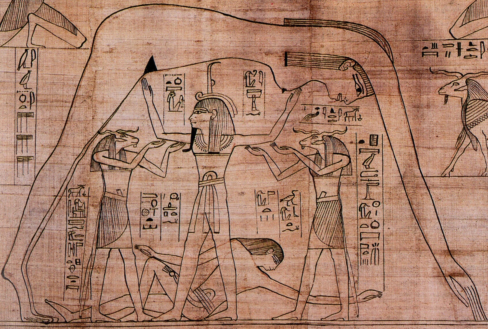 De Egyptische hemelgodin Nut omgeeft de mensen en rust op de aarde(god) Geb. Hier is de man-vrouw polariteit dus omgekeerd.